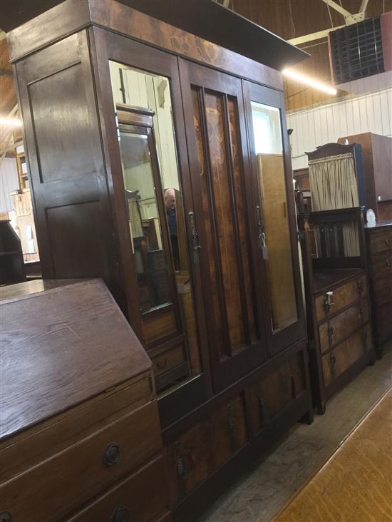 Art Nouveau inlaid walnut wardrobe and dressing chest